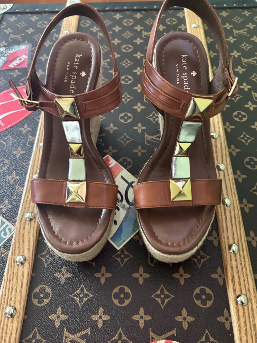 Kate Spade Studded Espadrille Platform Wedge Sandals Women Size 7 Brown Lux - Picture 4 of 9